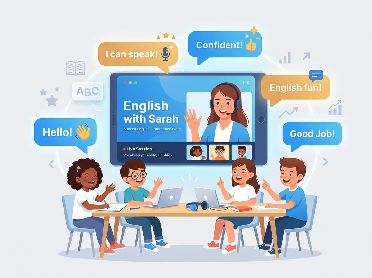 Children learning English online with specialist teacher at Converza Academy